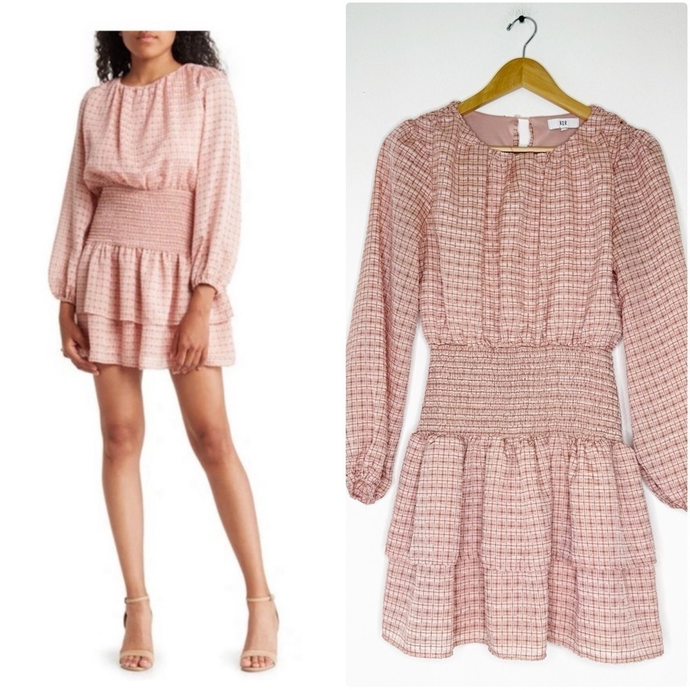 NSR Smocked Long Sleeve Minidress – Blush Plaid – Size Small